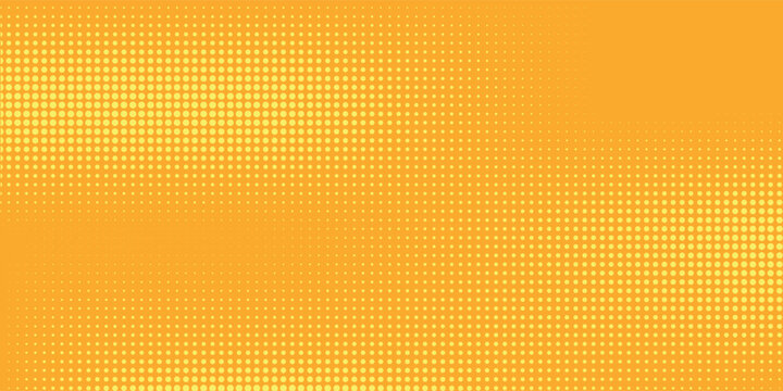 Yellow halftone pattern. Retro comic gradient background. Bright orange pixelated dotted texture overlay. Cartoon pop art faded gradient pattern. Vector backdrop for poster, banner, advertisement