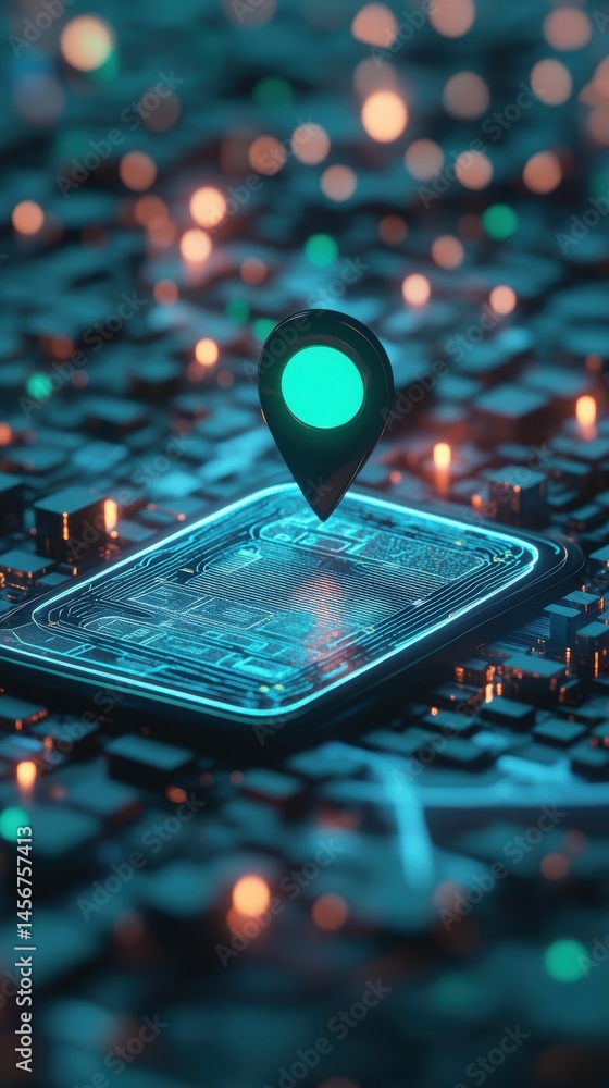 Poster location pin on futuristic circuit board close up abstract technology concept digital navigation sys
