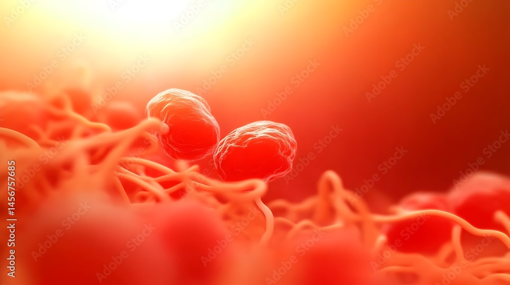 Poster microscopic view of two cells interconnected by a complex network of fibers, bathed in warm, orange 