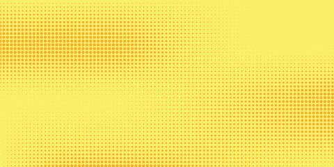 Yellow halftone pattern. Retro comic gradient background. Bright orange pixelated dotted texture overlay. Cartoon pop art faded gradient pattern. Vector backdrop for poster, banner, advertisement