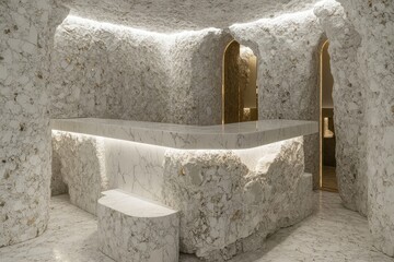 Minimalist, white, textured reception desk, with marble countertop and rock-like walls, soft lighting
