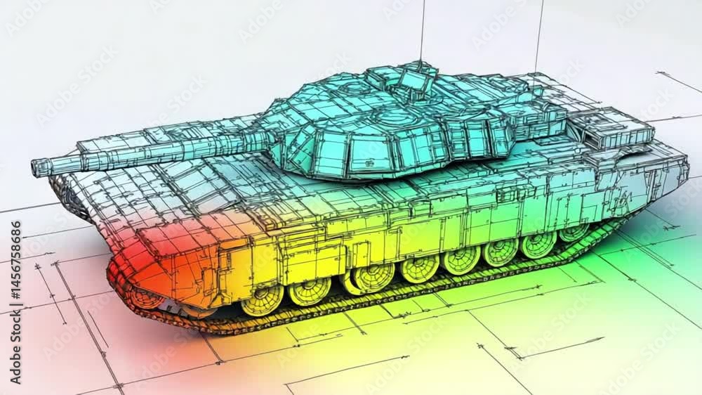 Poster a realistic 3d wireframe tank rotates gradually while transitioning through structural stress and he