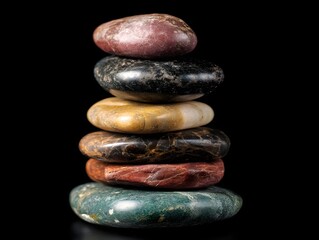 Smooth Colorful Stones Stacked Neatly on Dark Background