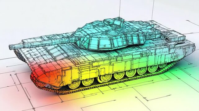 A realistic 3D wireframe tank rotates gradually while transitioning through structural stress and heat simulation colors. concept of engineering analysis and defense modeling.