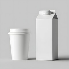 Minimalist Design of White Coffee Cup and Milk Carton on Grey Surface