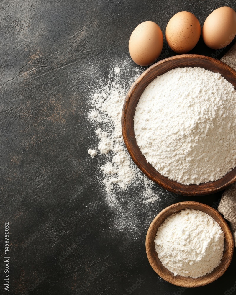 Poster baking ingredients flour and eggs on dark rustic background top view with copy space
