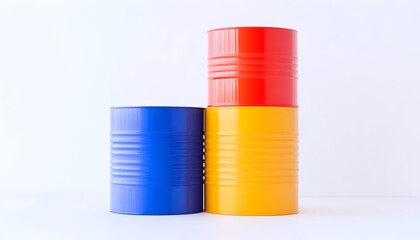Three colorful cylindrical cans stacked; red on yellow, blue beside