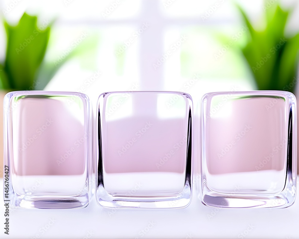 Poster three translucent cubes sit on a surface, with blurred greenery in the background. perfect for displ