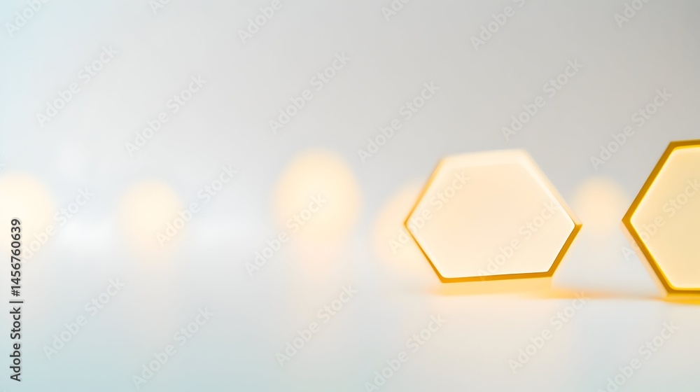 Aufkleber two illuminated golden hexagons rest on a light surface, with blurred lights in the background, crea