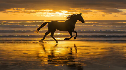 Silhouette of a horse running on a golden beach at sunset.  Golden light reflects on the water