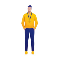 A digital illustration of a confident man wearing a gold medal, representing achievement and victory in sports, standing proudly with a neutral expression on a white background.