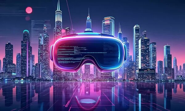 Virtual reality headset in futuristic cityscape