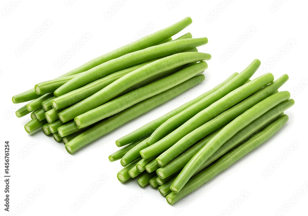 Poster two piles of fresh green beans neatly stacked on a white surface in a studio setting close up shot