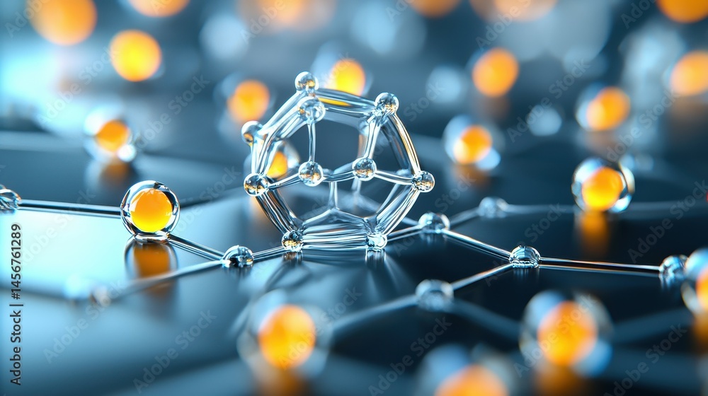 Poster abstract representation of molecular structure with glowing spheres and interconnected atoms.