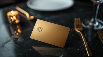 Symbolize of Gold credit card. Elegant gold card on a sleek dining table setting.