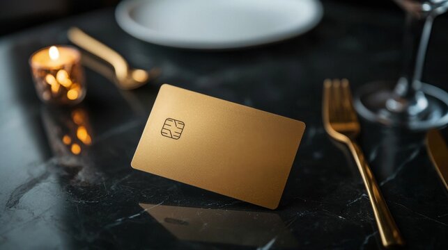 Symbolize of Gold credit card. Elegant gold card on a sleek dining table setting.