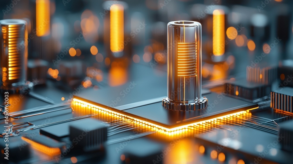 Poster futuristic circuit board with glowing elements and intricate components