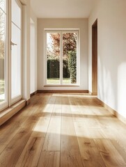 Bright hallway with hardwood flooring and natural light from windows overlooking garden view interior design