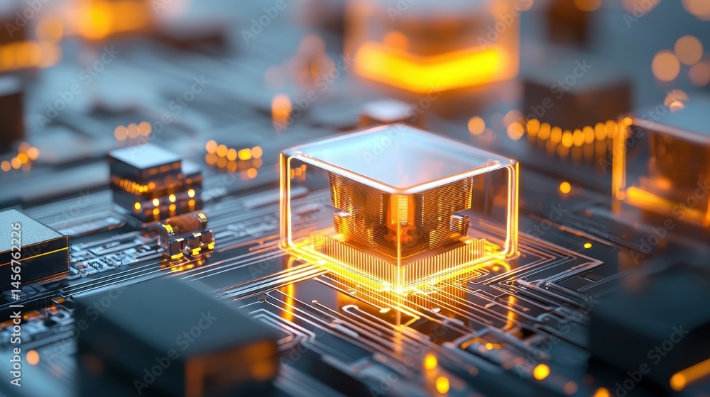 Poster close-up of a glowing microchip on a circuit board in vibrant colors.