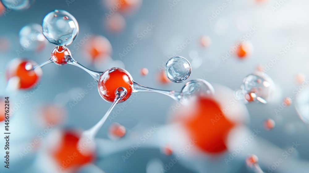 Poster abstract representation of molecular structure with red and transparent spheres.