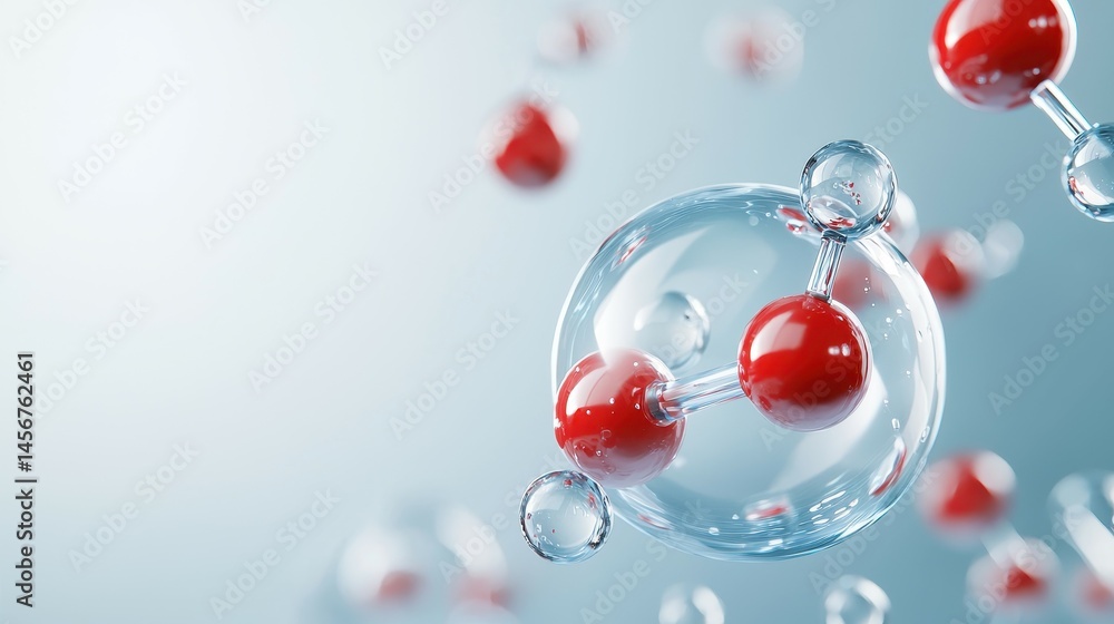 Poster abstract representation of molecular structure with red and transparent spheres.