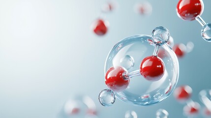 Abstract representation of molecular structure with red and transparent spheres.