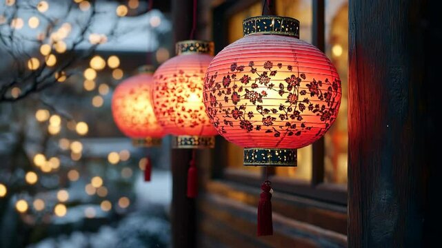 Traditional red lantern hang on snowy tree branch. Red chinese lamp with light for asian lunar new year celebration. Asian festive scene, winter season theme.