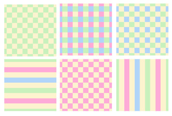 Danish pastel background. Set of seamless checkered and striped patterns.
