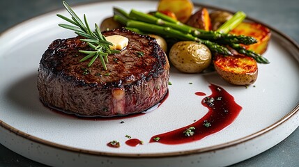 Filet mignon plate featuring perfectly seared beef tenderloin with rosemary garnish, roasted potatoes and asparagus in rich wine reduction sauce