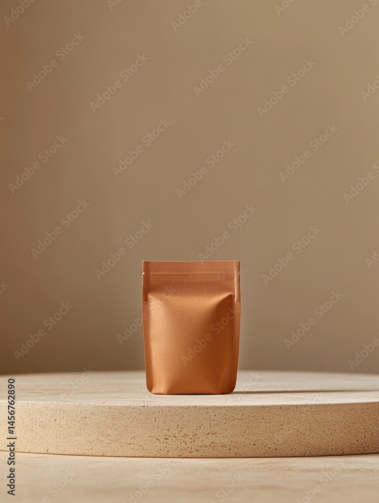 Poster brown pouch mockup on stone platform in studio setting for product display and packaging design pres