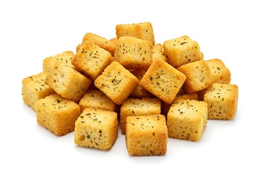 A pile of golden brown croutons seasoned with herbs on a white background in a close up studio shot