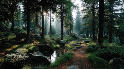 Fototapeta premium a forest with sunlight shining through the trees