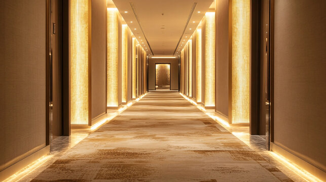 A warmly lit hotel hallway, leading towards an inviting, ornate door at the end of the passage.
