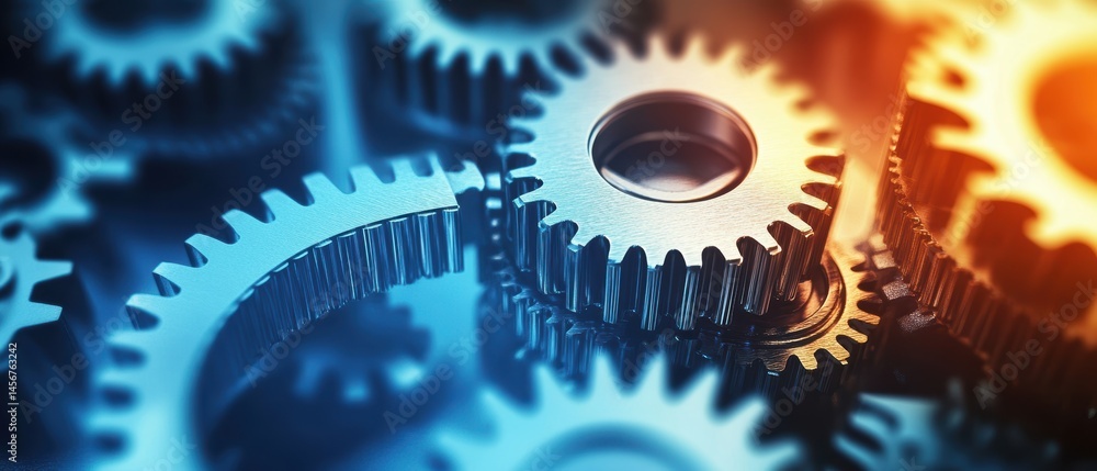 Poster close-up of interlocking gears rotating in a complex system with blue and orange lighting abstract