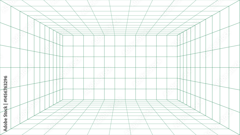 Poster futuristic perspective grid box. abstract wireframe with green grid line on white background. virtua