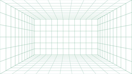 Futuristic perspective grid box. Abstract wireframe with green grid line on white background. Virtual reality landscape in 80s 90s digital style. Vector