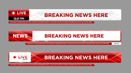 Set of lower third bar templates for breaking news, sports news on television, video and media online. Newscast lower third banner vector. Newscast lower third banner vector.