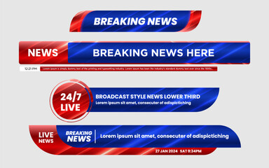 Set of lower third bar templates for breaking news, sports news on television, video and media online. Newscast lower third banner vector. Newscast lower third banner vector.