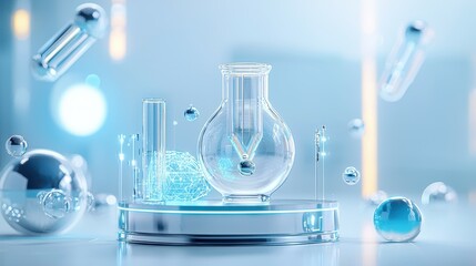 A futuristic lab setup with illuminated glassware and floating molecular structures.