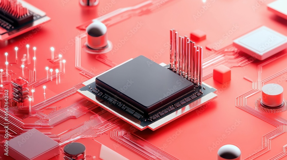 Poster close-up of a sleek microchip on a vibrant red circuit board.