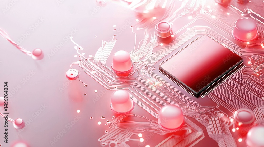 Poster abstract close-up of a red circuit board with microchip and glossy spheres.