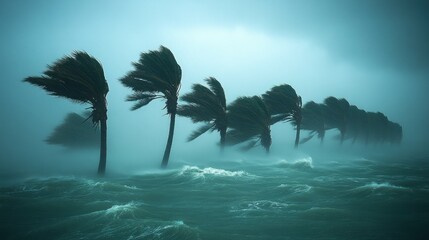 Stormy ocean with bent palms and choppy waters