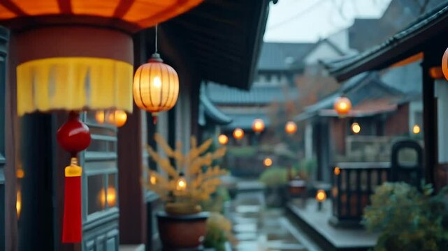 Traditional red lantern hang on snowy tree branch. Red chinese lamp with light for asian lunar new year celebration. Asian festive scene, winter season