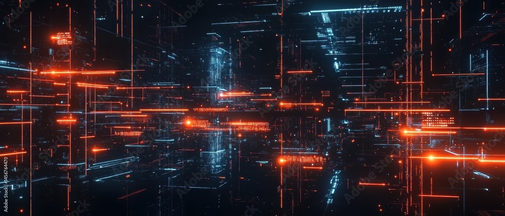 Poster futuristic cyberpunk cityscape digital art with glowing lines and data streams abstract technology c