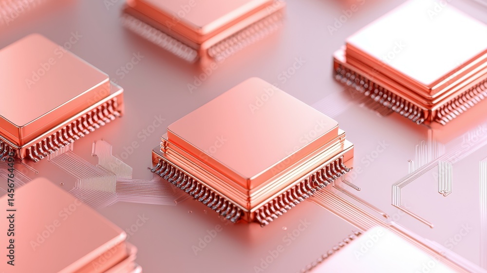 Poster close-up of metallic microchips on a circuit board with a warm metallic hue.