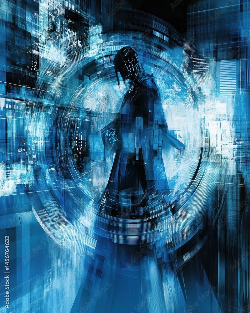 Poster futuristic figure in a digital realm with geometric and circular design elements