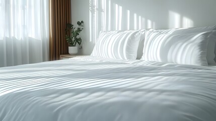 Interior view of a bedroom with a crisp white bed.
