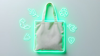 Reusable fabric tote bag glowing with soft neon light surrounded by eco friendly icons, symbolizing sustainability and green living