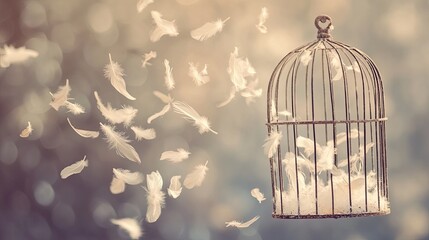 Minimalist cage with soft feathers floating in air symbolic escape, purity, dreamlike atmosphere.