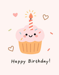 Adorable kawaii-style cupcake with pink frosting, candle, sprinkles, and smiling face. Perfect for birthday greeting cards, party invitations, and festive designs.